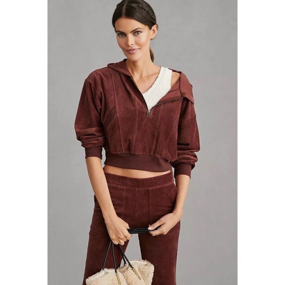 Anthropologie Daily Practice Velour Corduroy Hoodie Brown Plum XL NWT